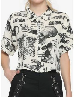 Cheap T-shirt Store 32 New 🔔 Anatomical Skeleton Sepia Boxy 👧 Girls Crop Woven Button-Up ❤️