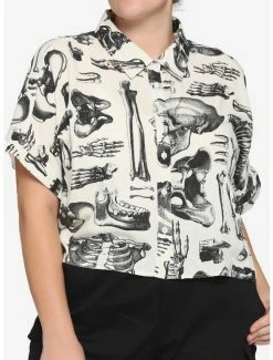 Flash Sale 🔔 Anatomical Skeleton Sepia Boxy 👧 Girls Crop Button-Up Plus Size 👍