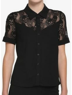 Promo 🎉 Black Skull Lace 👧 Girls Woven Button-Up ✨