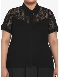 Outlet ⭐ Black Skull Lace 👧 Girls Woven Button-Up Plus Size ⭐
