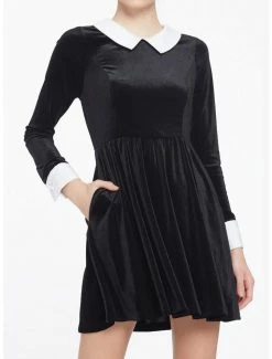 Cheapest ❤️ Black Velvet Cuffs & Collar Long-Sleeve 👗 Dress 🌟