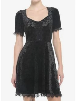 Best Pirce 😉 Black Crushed Velvet & Lace Mini 👗 Dress 👏