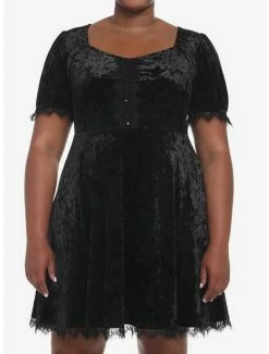 Budget ✨ Black Crushed Velvet & Lace Mini 👗 Dress Plus Size ✔️